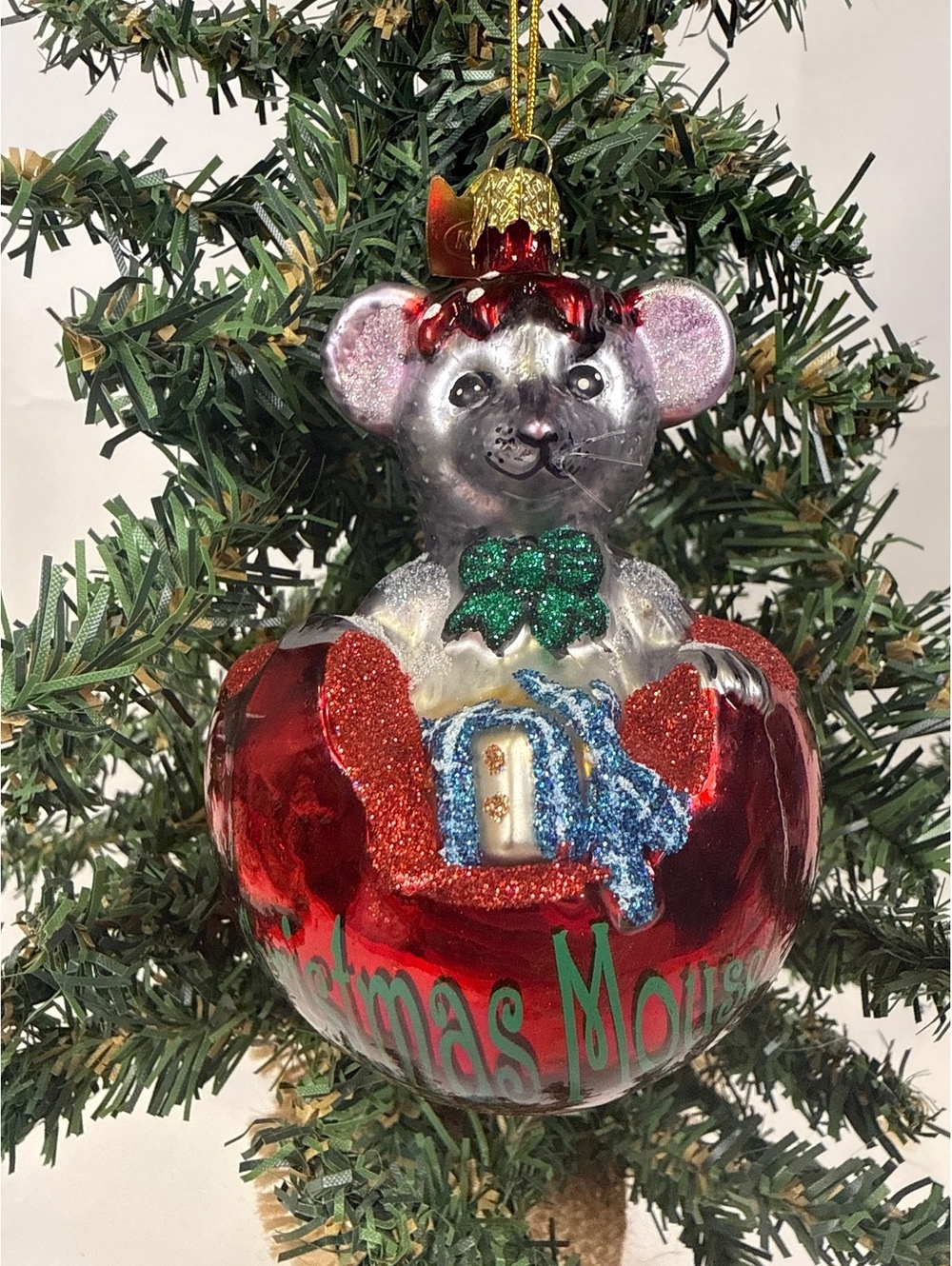 Kurt Adler Glass Christmas Mouse Ornament Red Glitter Holiday Collectible